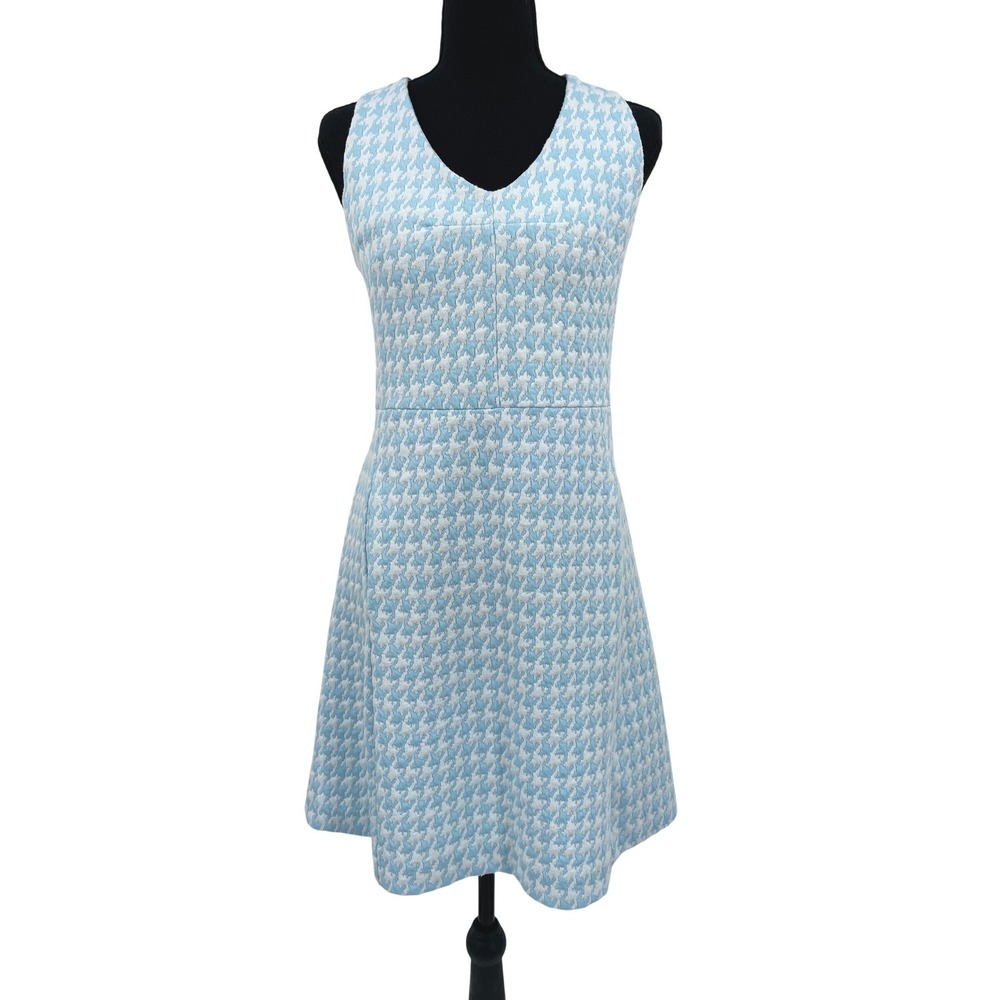Tyler Boe Kennedy Dress Womens L Blue‎ White Houndstooth Preppy Chic Pockets